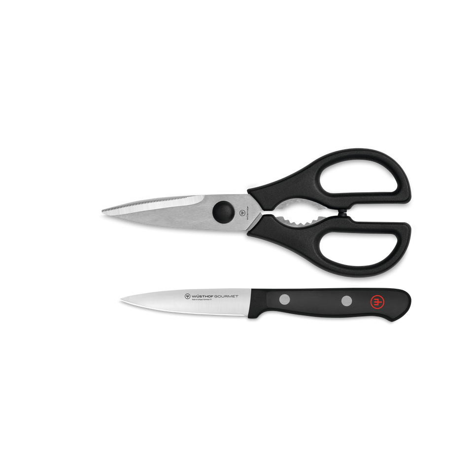 Gourmet 2-Piece Paring Knife and Shears Utility Set with sharp forged blades and black ergonomic handles designed for precision cutting and versatile kitchen tasks.