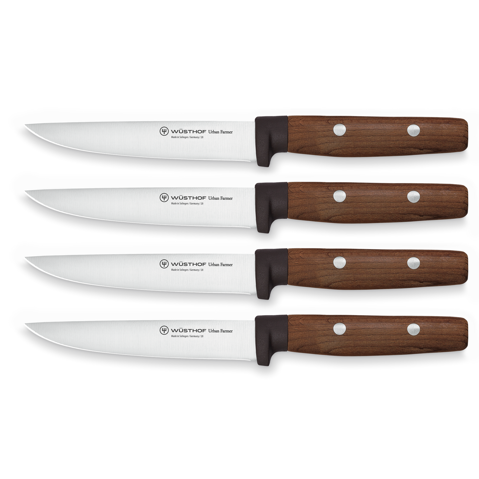 Four WÜSTHOF Urban Farmer 4-Piece Steak Knife Set knives with polished stainless steel blades and contoured wooden handles featuring three rivets.