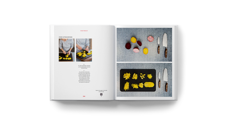 Open spread of Knives: Beyond Blades showing step-by-step images of slicing vegetables with WÜSTHOF forged kitchen knives and neatly arranged sliced pieces on a gray surface.
