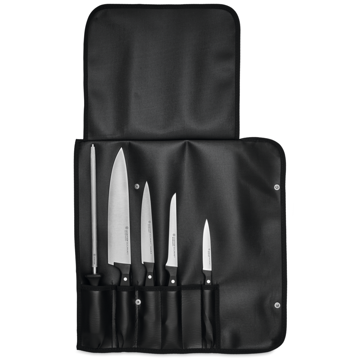 Gourmet 6-Piece Chef's Starter Knife Set featuring forged German steel blades with black ergonomic handles, displayed in a black foldable carrying case.