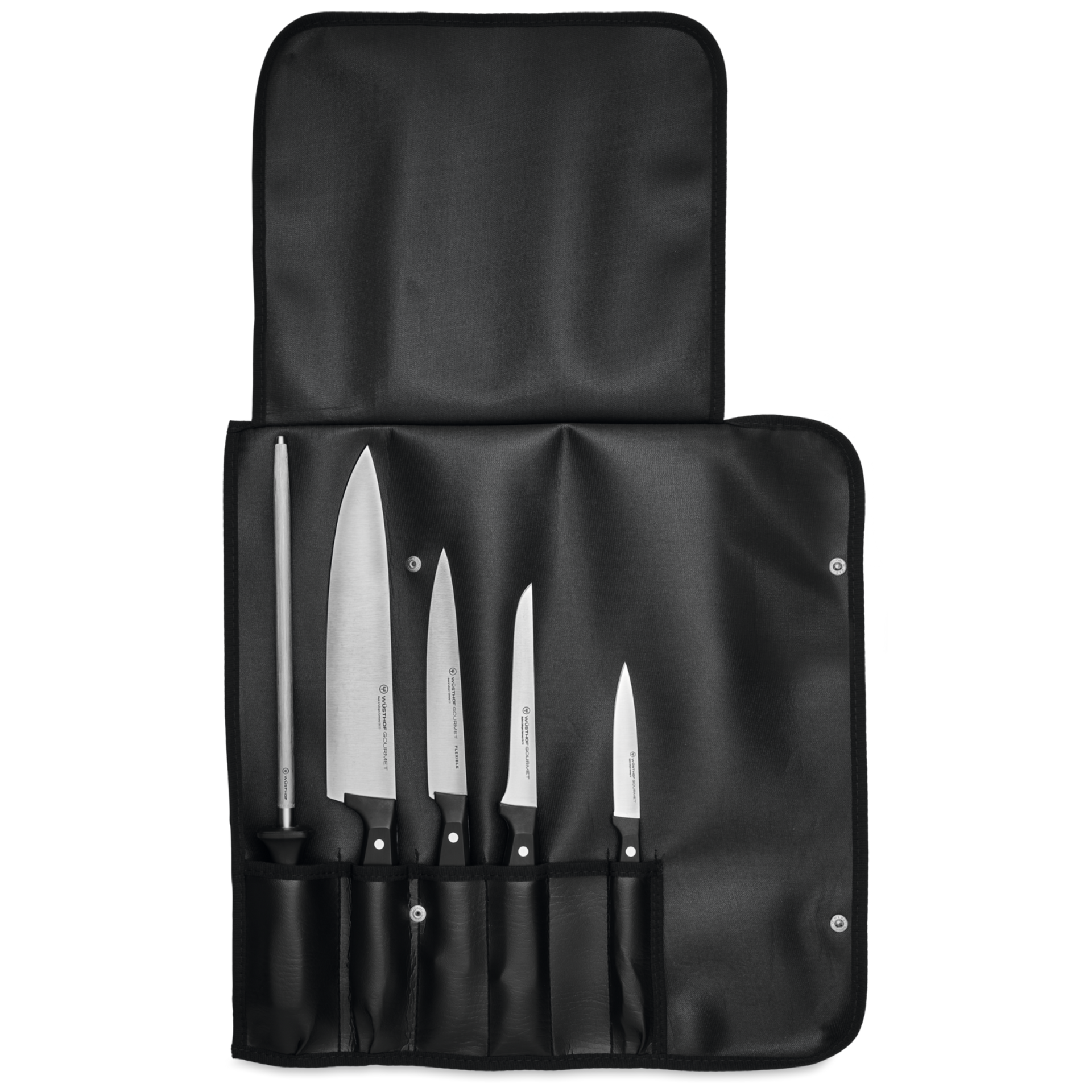 Gourmet 6-Piece Chef's Starter Knife Set featuring forged German steel blades with black ergonomic handles, displayed in a black foldable carrying case.