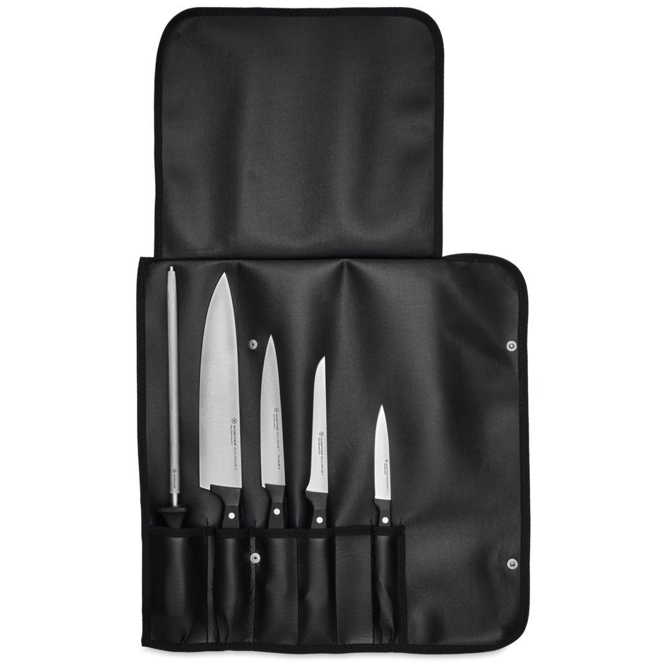 Gourmet 6-Piece Chef's Starter Knife Set featuring forged German steel blades with black ergonomic handles, displayed in a black foldable carrying case.
