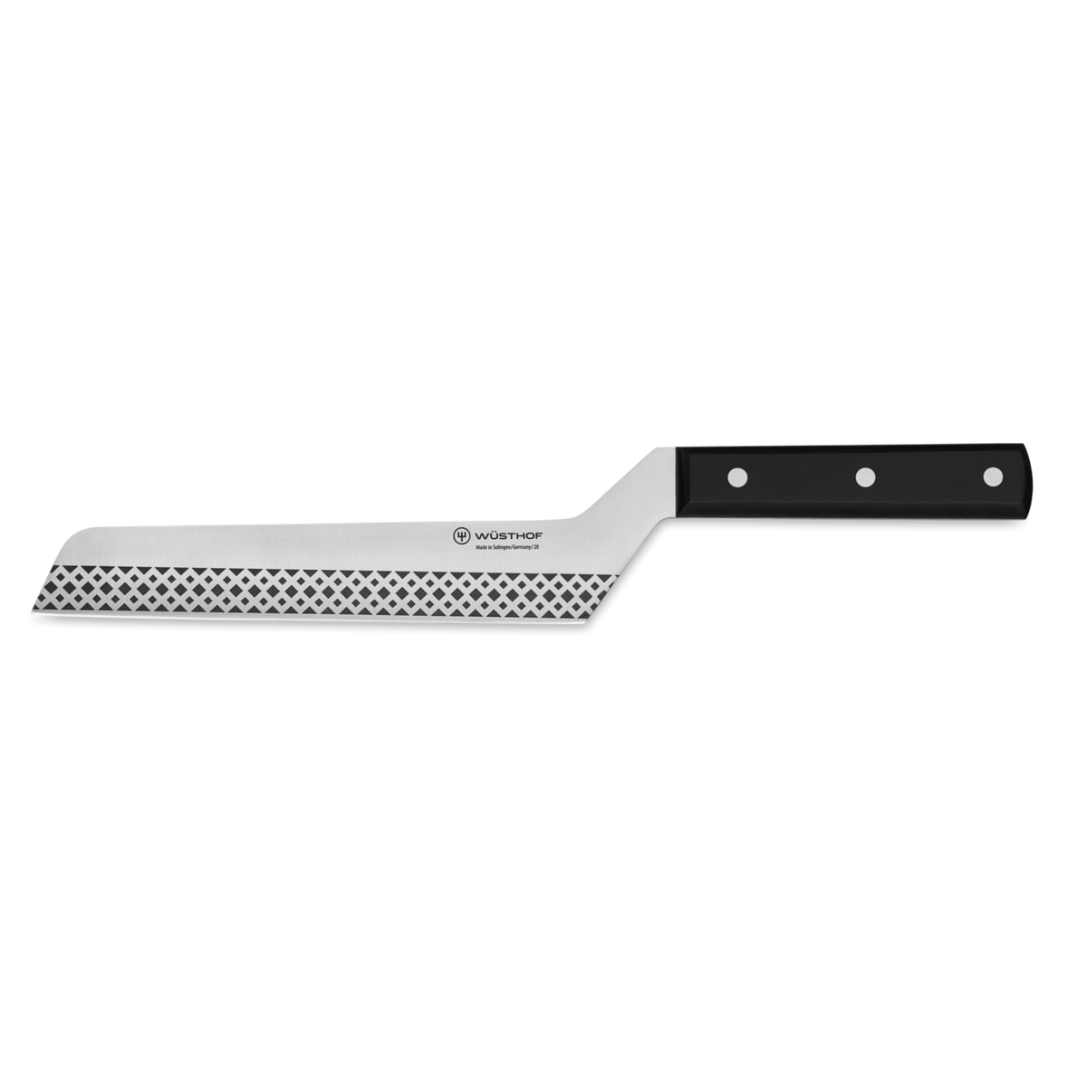 7" Cheese Knife with a perforated stainless steel blade and ergonomic black handle designed for smooth slicing and clean cuts in cheese preparation.