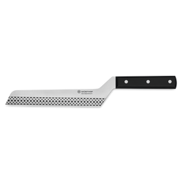 7" Cheese Knife with a perforated stainless steel blade and ergonomic black handle designed for smooth slicing and clean cuts in cheese preparation.