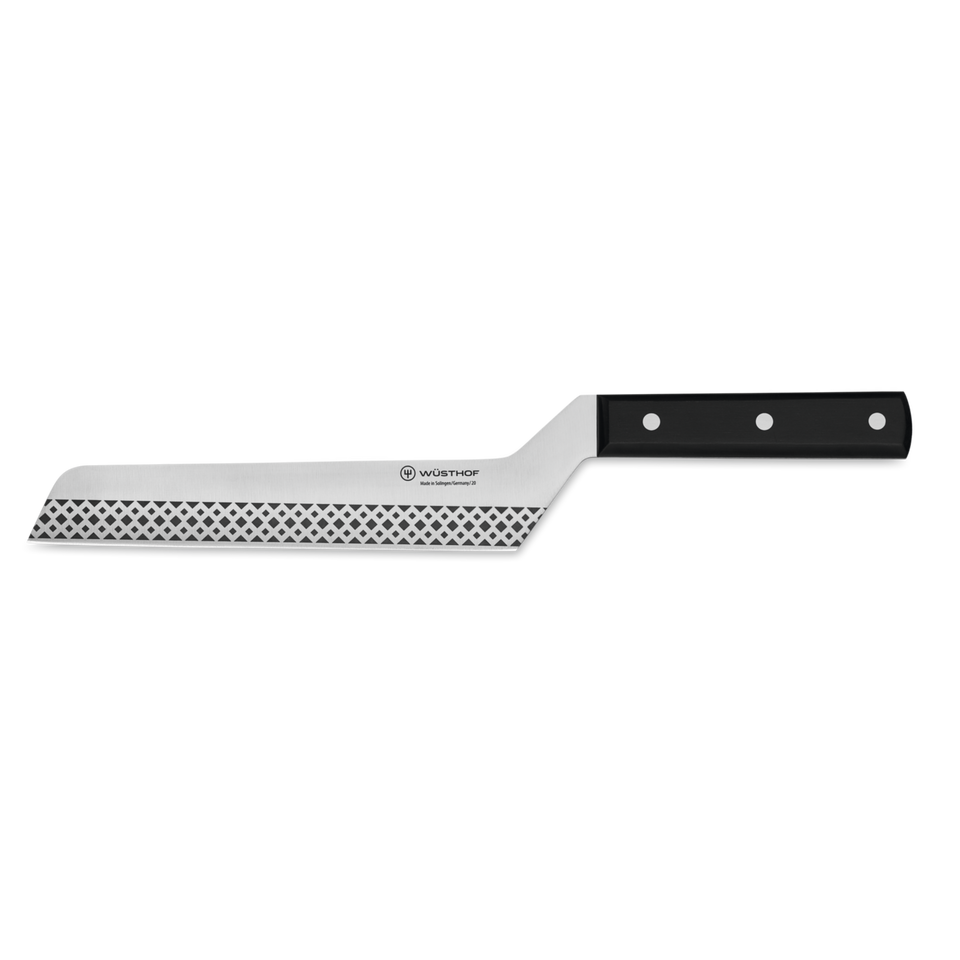 7" Cheese Knife with a perforated stainless steel blade and ergonomic black handle designed for smooth slicing and clean cuts in cheese preparation.