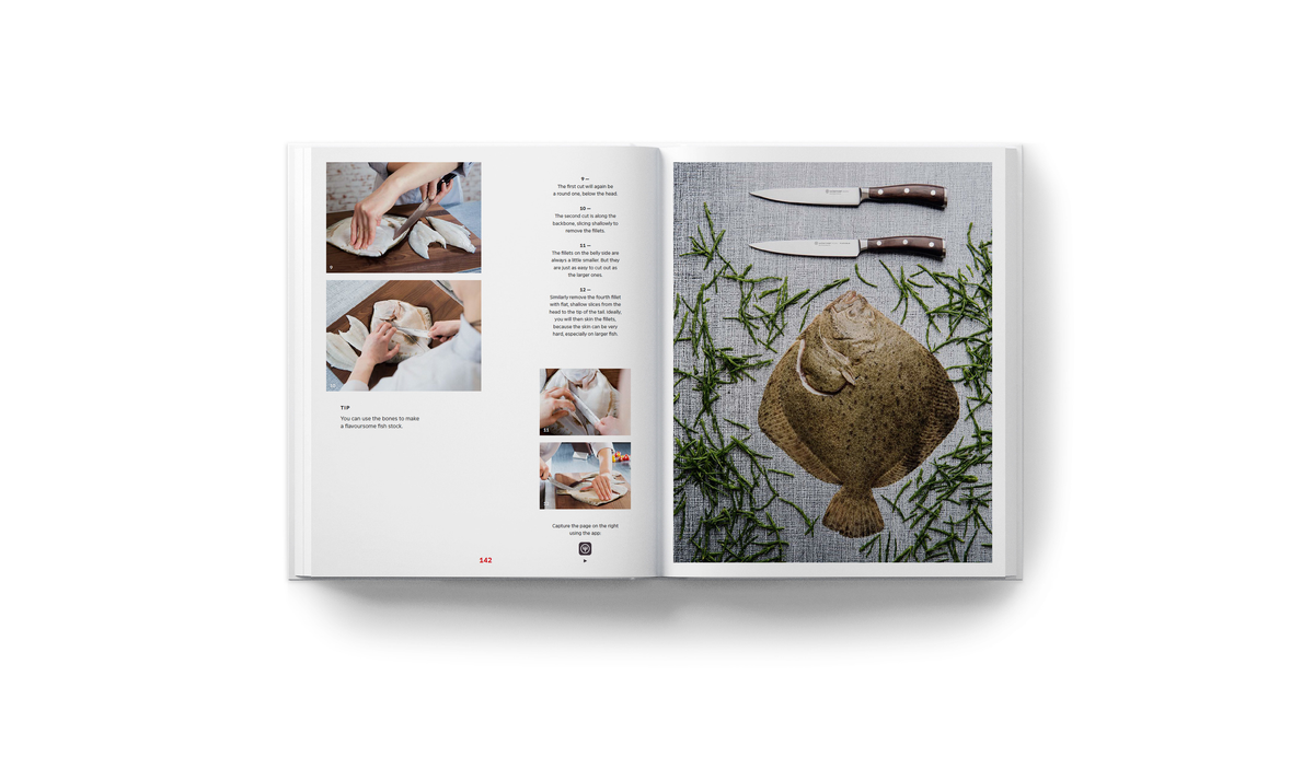 Open spread of Knives: Beyond Blades showing step-by-step images of preparing and cleaning a flat fish alongside two WÜSTHOF forged German kitchen knives on a textured surface with herbs.