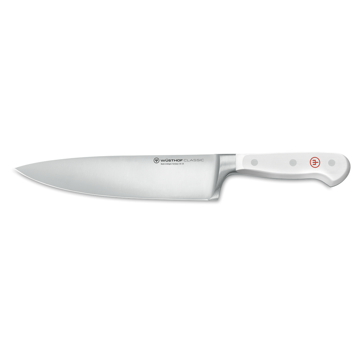 Classic 7-Piece Knife Block Set with Santoku featuring a forged German chef’s knife with a sharp stainless steel blade and ergonomic white handle with polished rivets.
