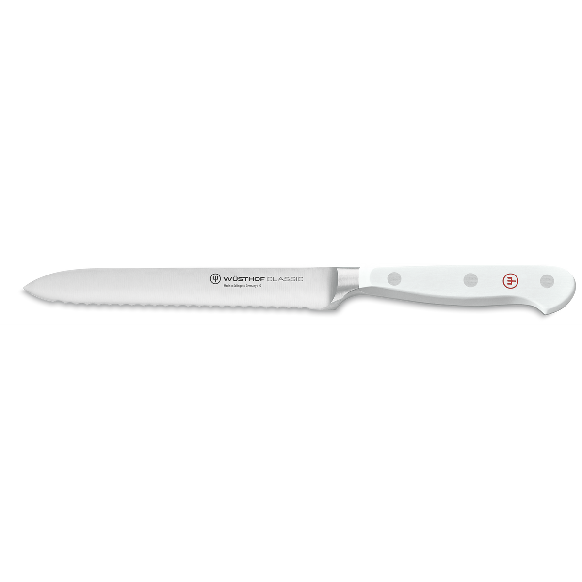 Classic 7-Piece Knife Block Set with Santoku featuring a serrated bread knife with a forged German blade and white ergonomic handle with polished rivets.