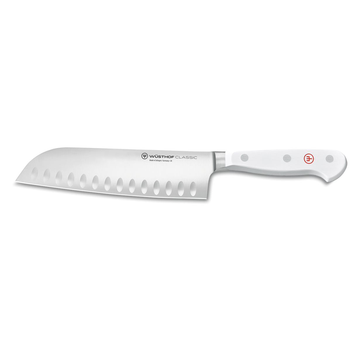 Classic 7-Piece Knife Block Set with Santoku featuring a German-forged santoku blade with hollow edge and ergonomic white handle with polished rivets.