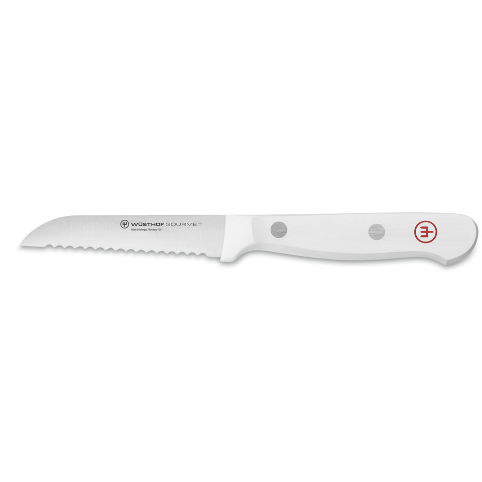 Gourmet 3" Serrated Paring Knife with a finely serrated stainless steel blade and ergonomic white synthetic handle featuring two rivets and red logo.