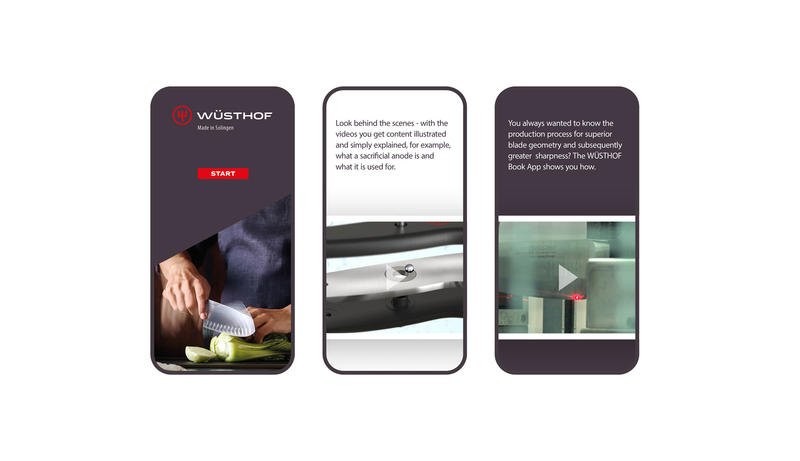 Three smartphone screens showing the WÜSTHOF app interface with cooking videos, detailed knife information, and production process insights for Knives: Beyond Blades.