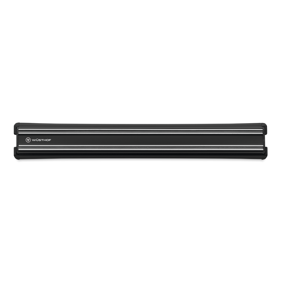 12" Magnetic Holder in black with dual stainless steel magnetic strips and WÜSTHOF logo for organized storage of forged kitchen knives.