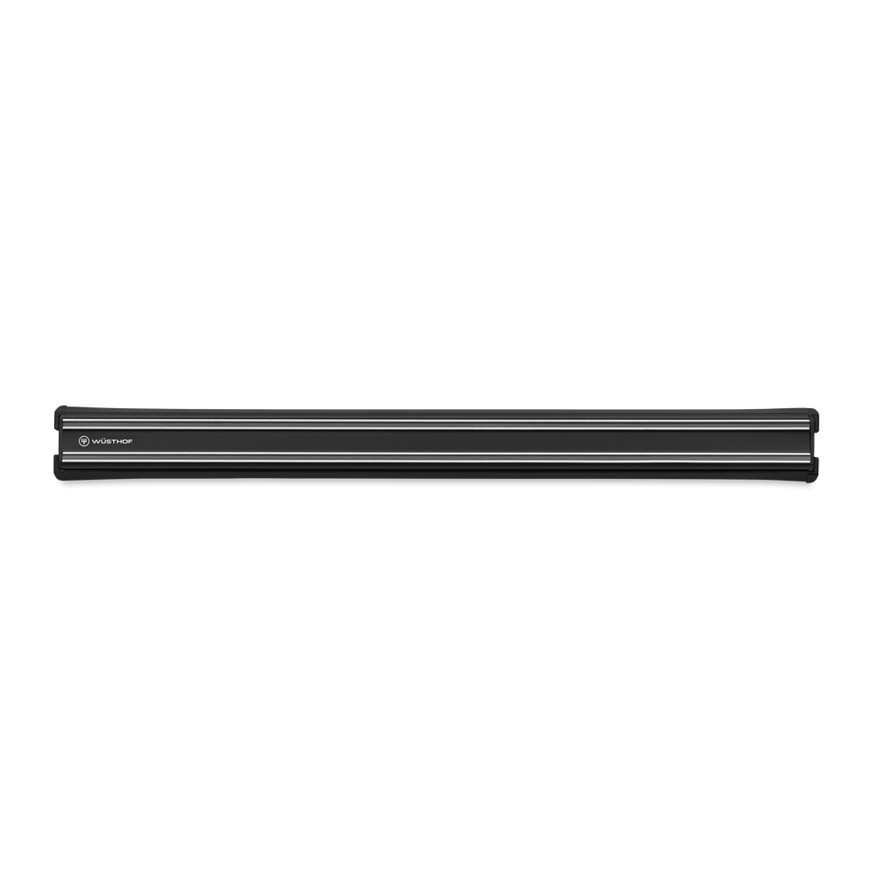 18" Magnetic Holder in black finish with discreet WÜSTHOF logo, designed to securely hold forged kitchen knives including chefs knives.