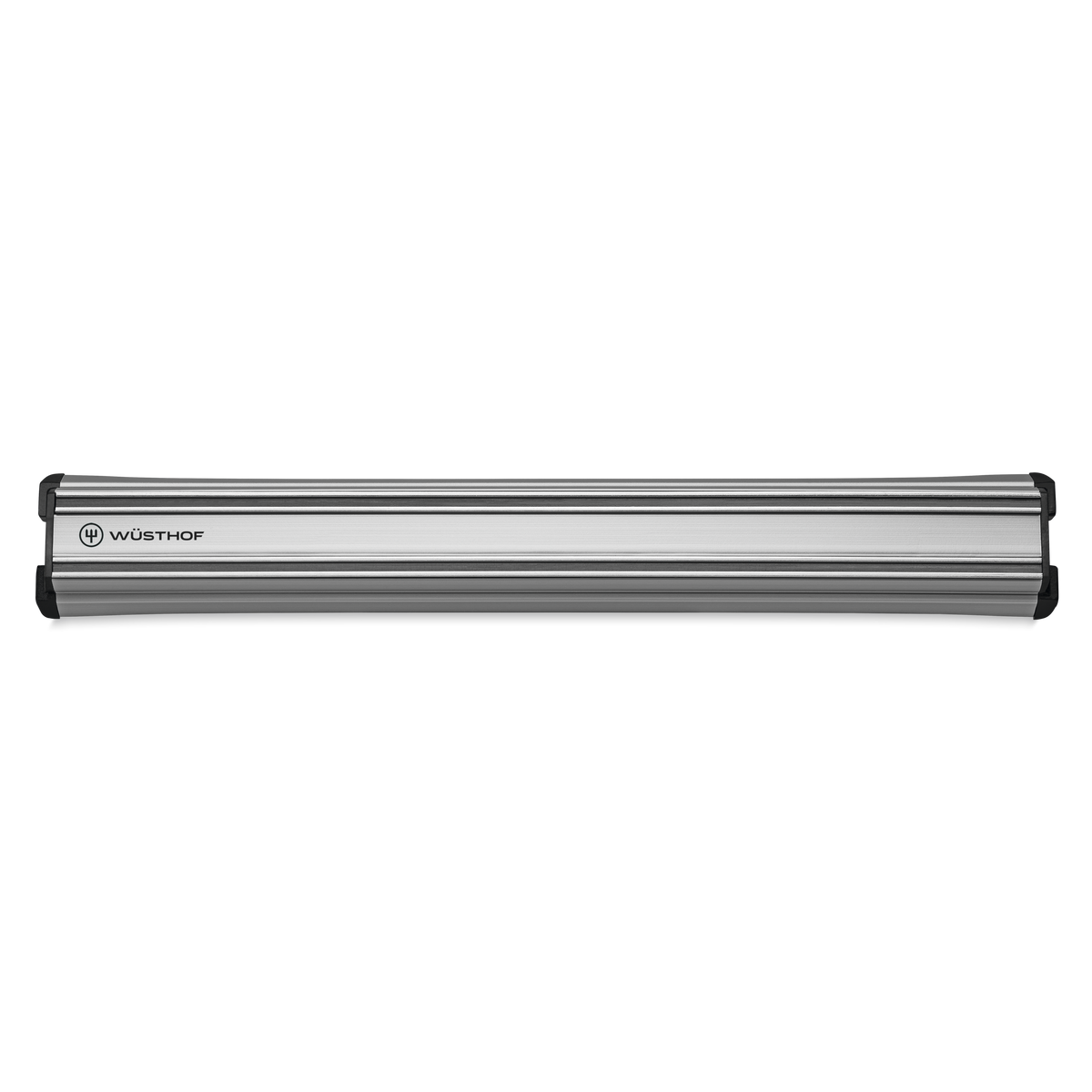 12" Magnetic Holder in brushed stainless steel with black end caps, designed for secure and organized storage of WÜSTHOF knives and kitchen tools.