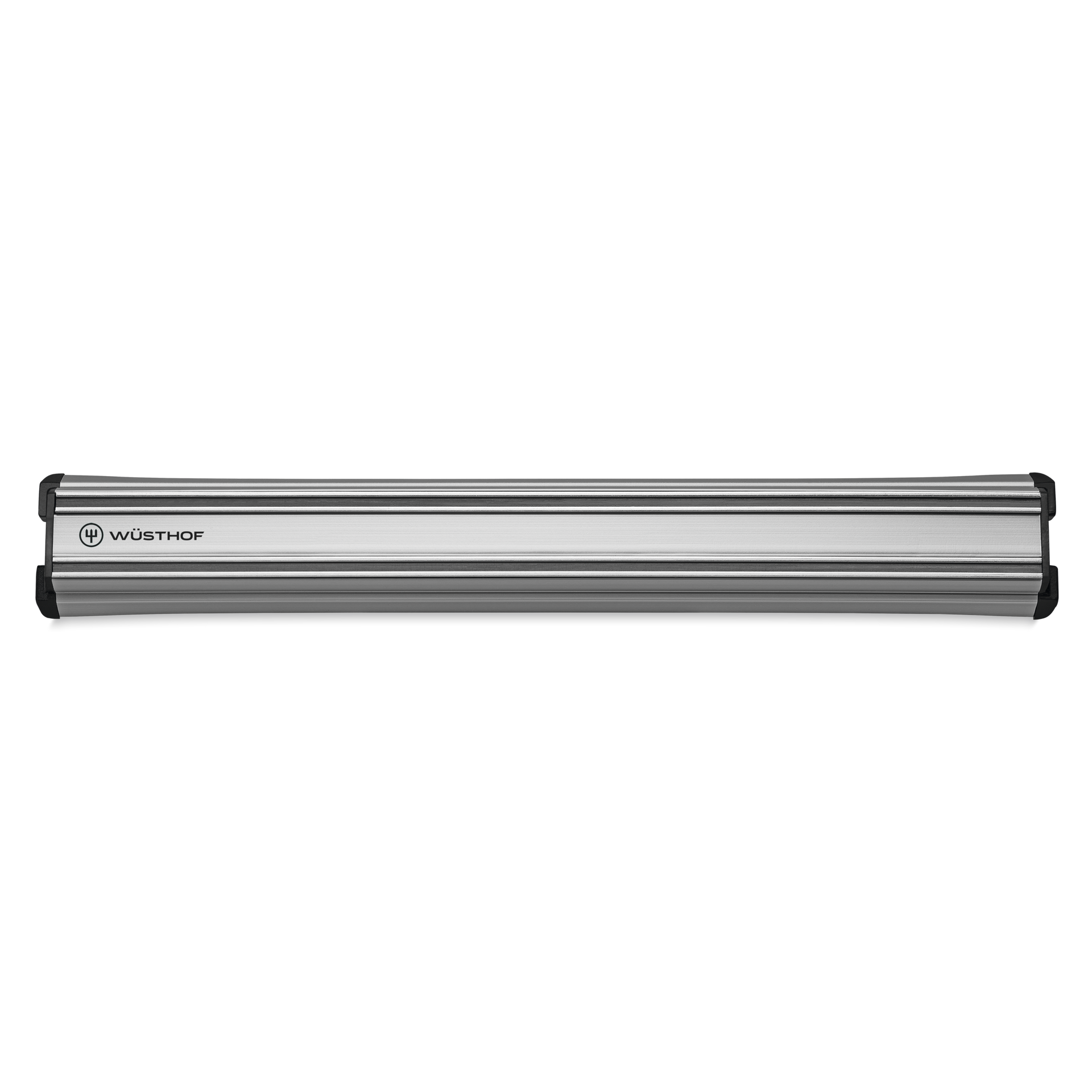 12" Magnetic Holder in brushed stainless steel with black end caps, designed for secure and organized storage of WÜSTHOF knives and kitchen tools.