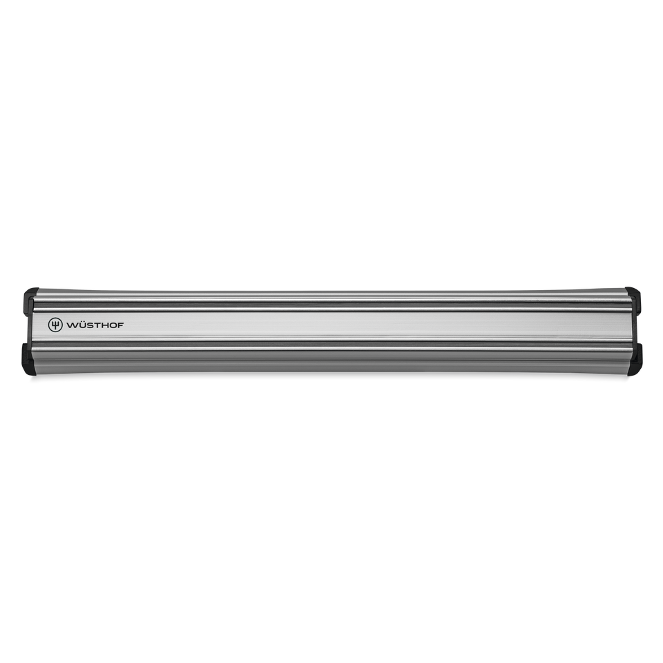 12" Magnetic Holder in brushed stainless steel with black end caps, designed for secure and organized storage of WÜSTHOF knives and kitchen tools.