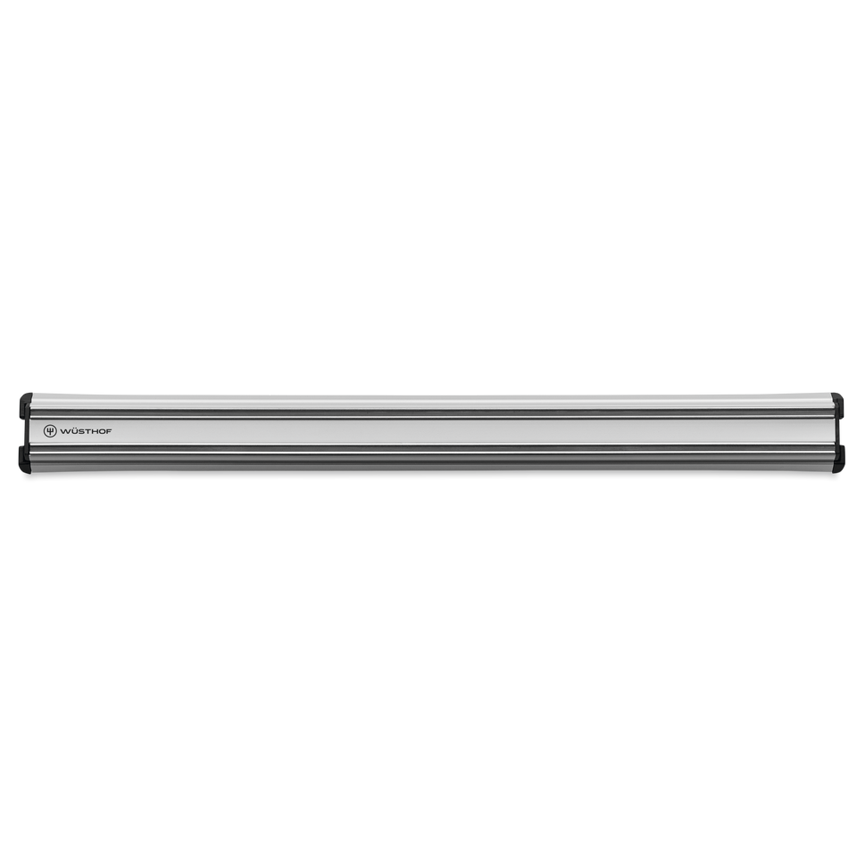 18" Magnetic Holder in brushed stainless steel finish with discreet WÜSTHOF logo, designed to securely store forged kitchen knives including chefs knives.
