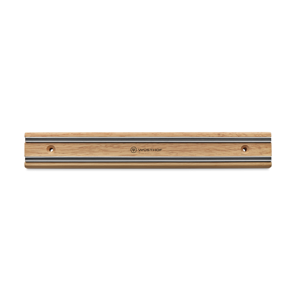 12" Magnetic Holder with natural wood finish and brushed stainless steel strips, designed for secure and organized storage of WÜSTHOF knives.