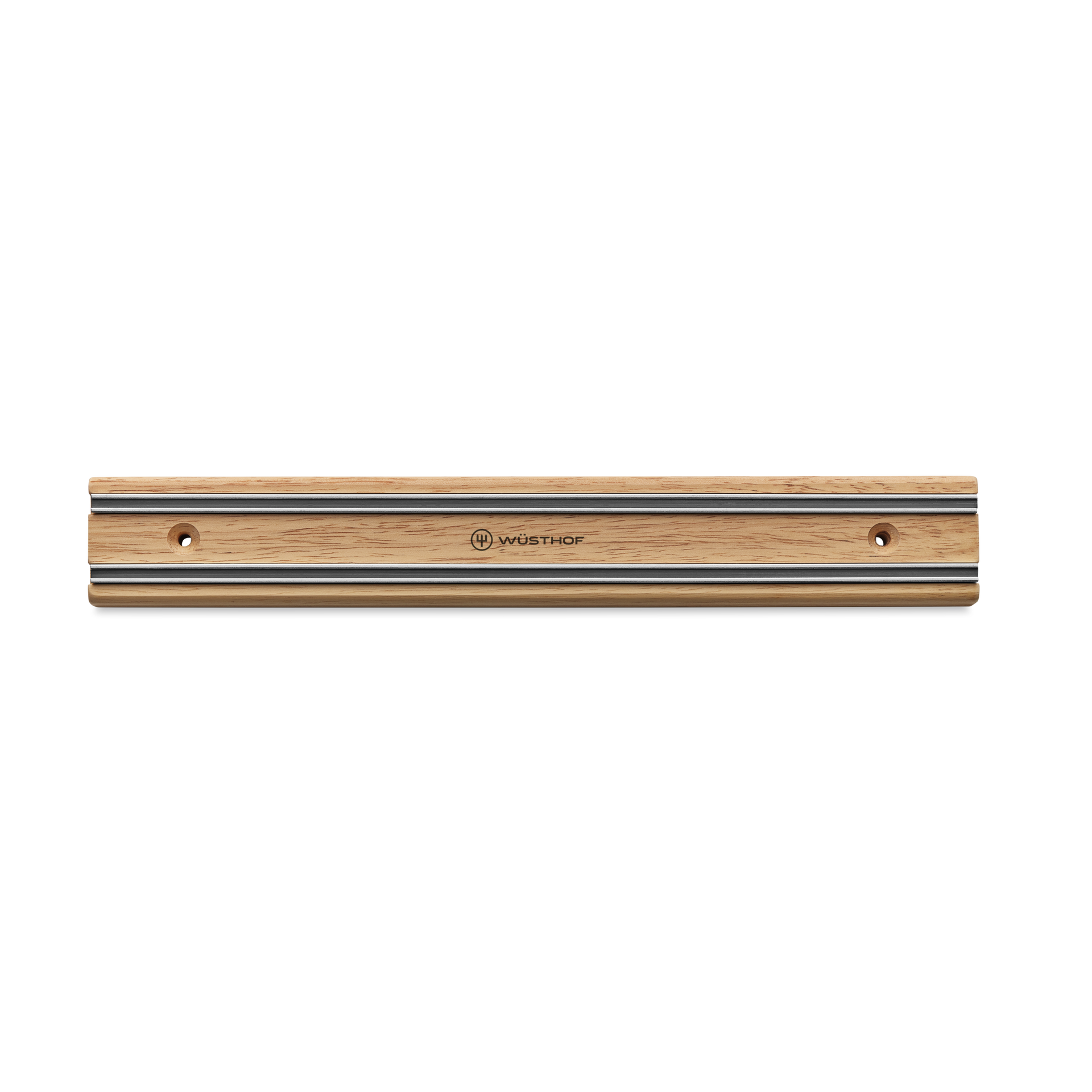 12" Magnetic Holder with natural wood finish and brushed stainless steel strips, designed for secure and organized storage of WÜSTHOF knives.