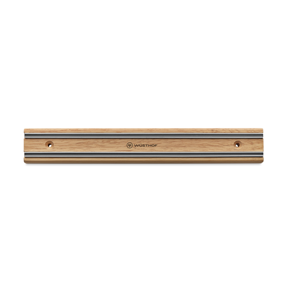 12" Magnetic Holder with natural wood finish and brushed stainless steel strips, designed for secure and organized storage of WÜSTHOF knives.