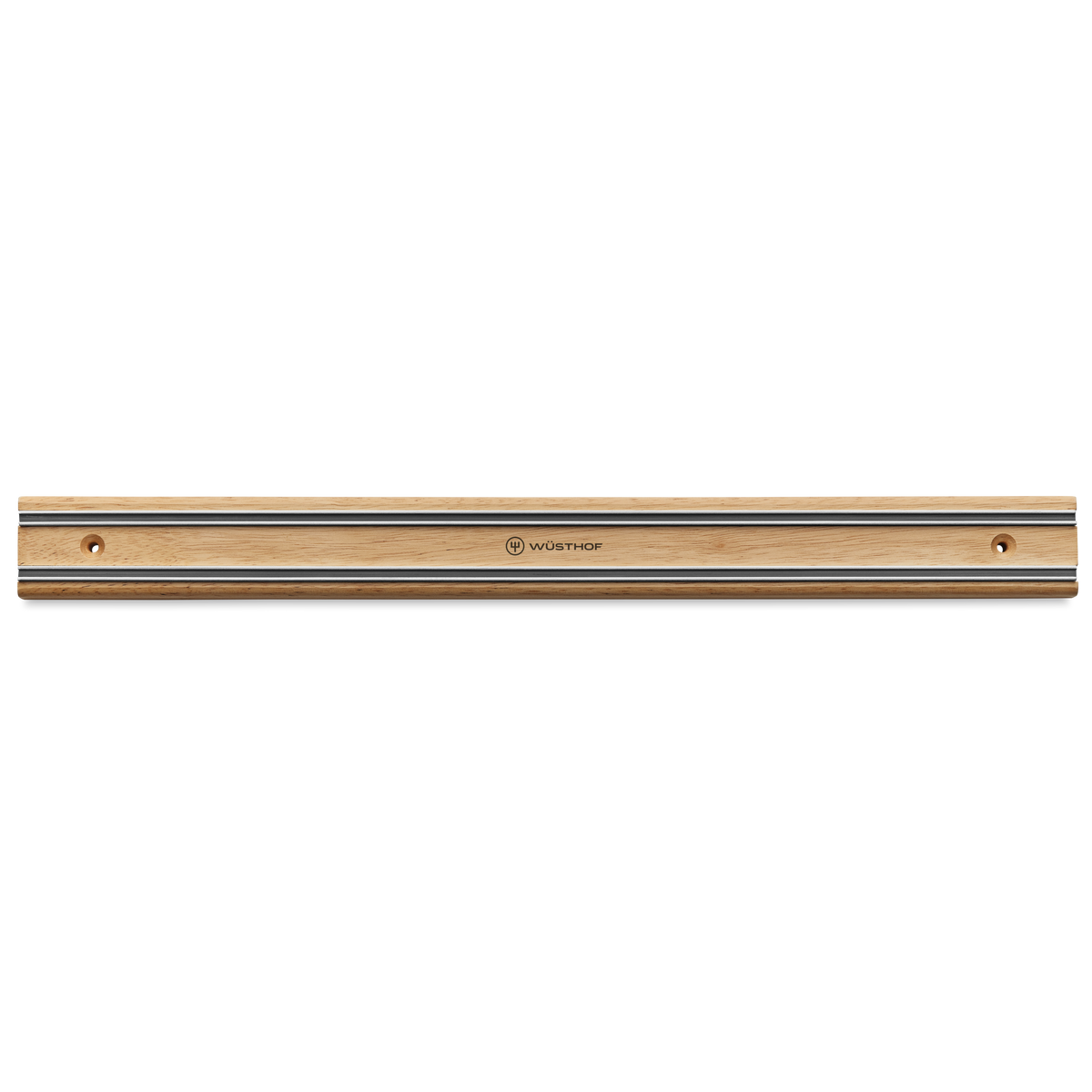 18" Magnetic Holder with natural wood finish and stainless steel strips, designed to securely hold forged kitchen knives including chefs knives.