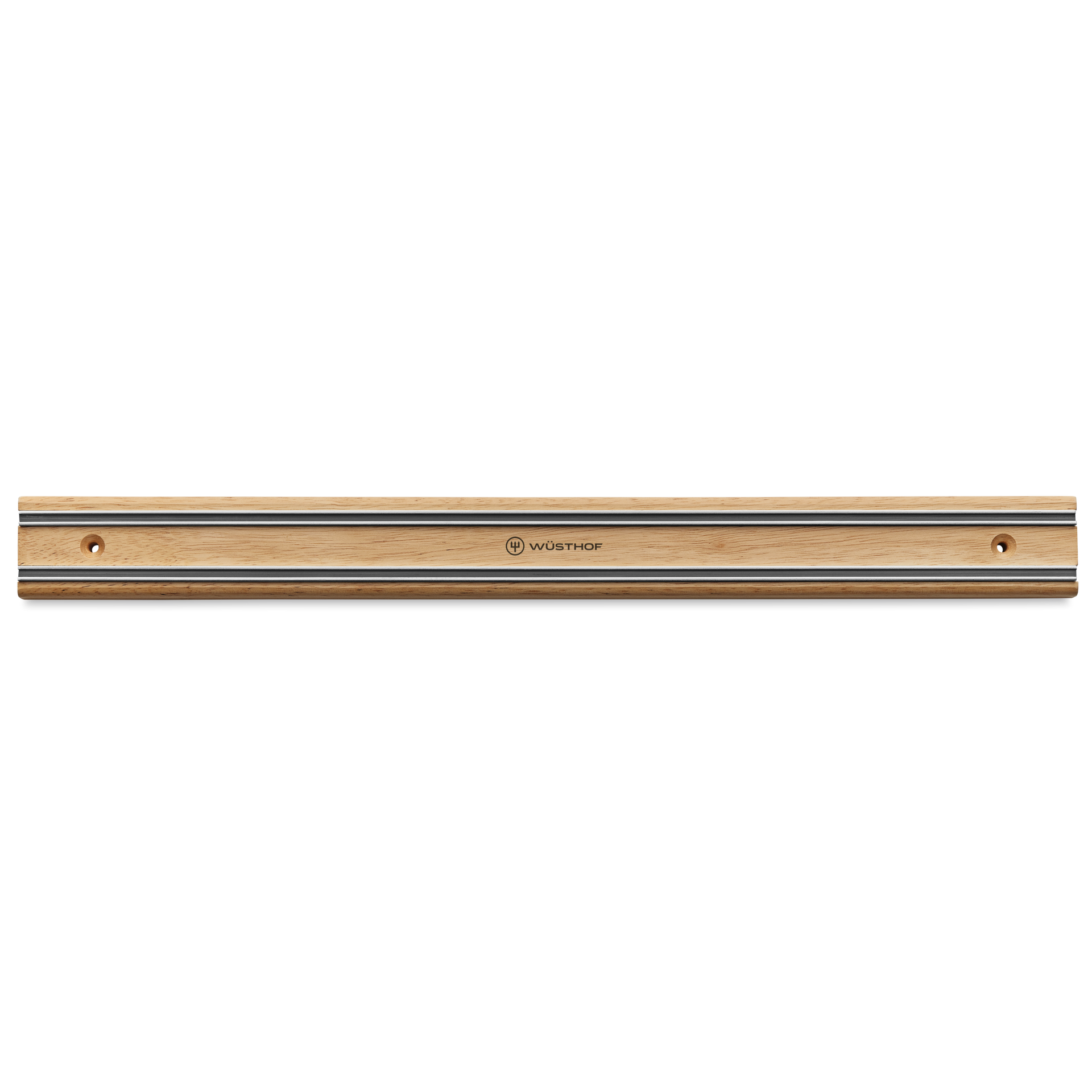 18" Magnetic Holder with natural wood finish and stainless steel strips, designed to securely hold forged kitchen knives including chefs knives.