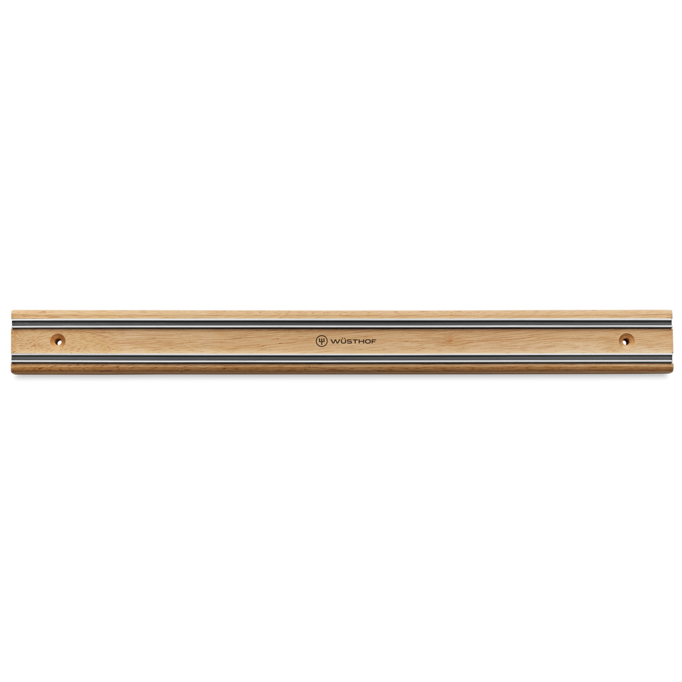 18" Magnetic Holder with natural wood finish and stainless steel strips, designed to securely hold forged kitchen knives including chefs knives.