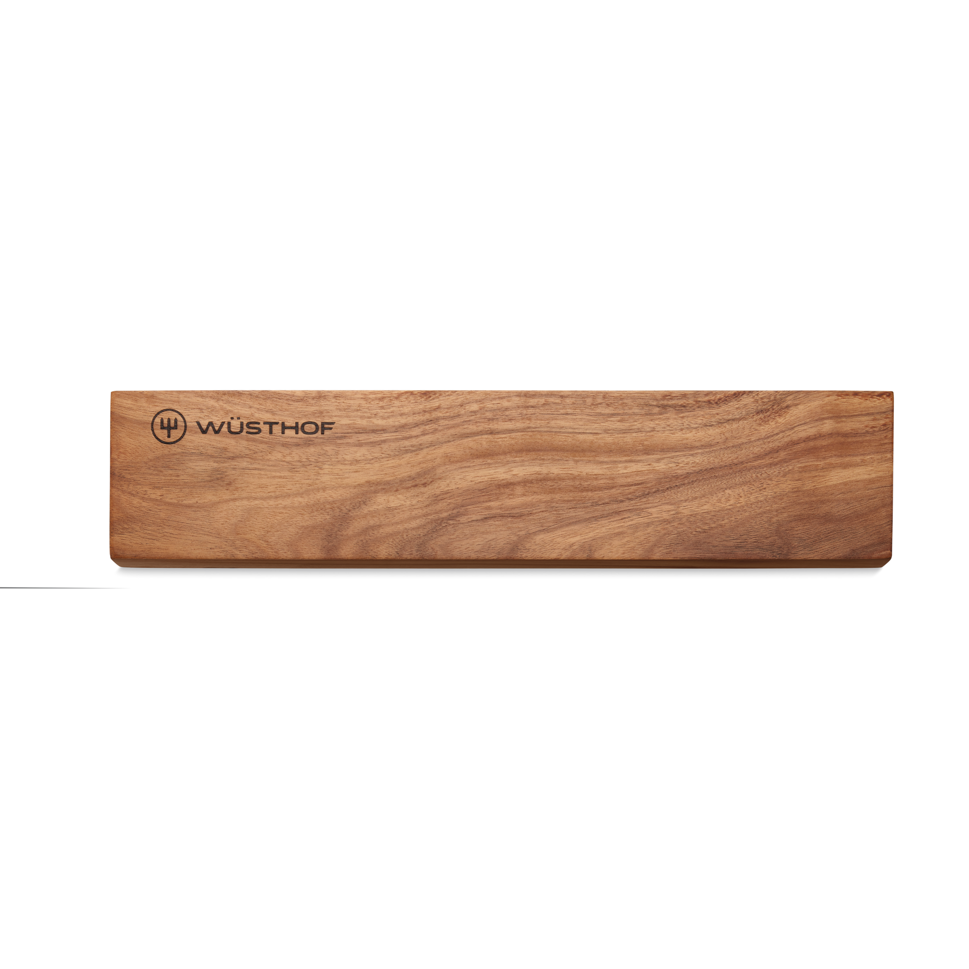 12" Wooden Magnetic Holder with natural wood grain and WÜSTHOF logo, designed for secure and stylish storage of forged kitchen knives.