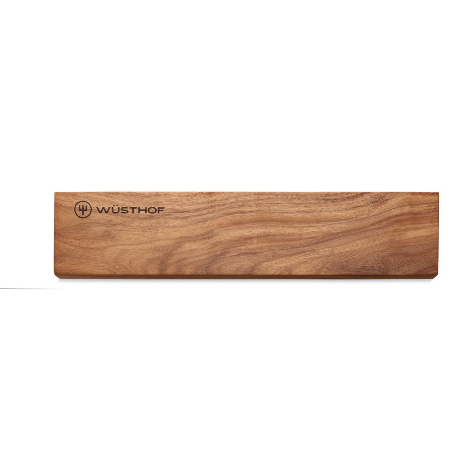 12" Wooden Magnetic Holder with natural wood grain and WÜSTHOF logo, designed for secure and stylish storage of forged kitchen knives.