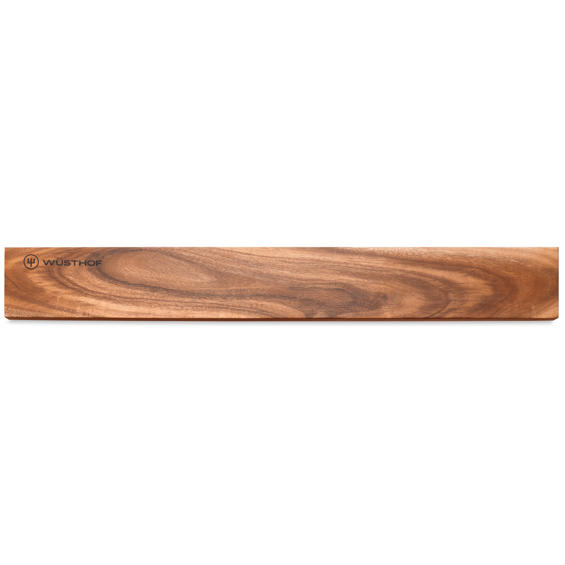 20" Magnetic Holder in warm walnut wood finish featuring the WÜSTHOF logo, designed to securely hold forged kitchen knives including chefs knives.