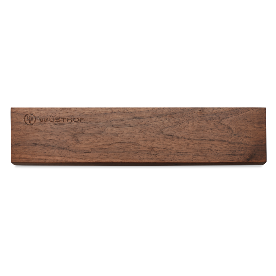 12" Wooden Magnetic Holder crafted from rich walnut wood with WÜSTHOF logo, designed for elegant and secure storage of forged kitchen knives.