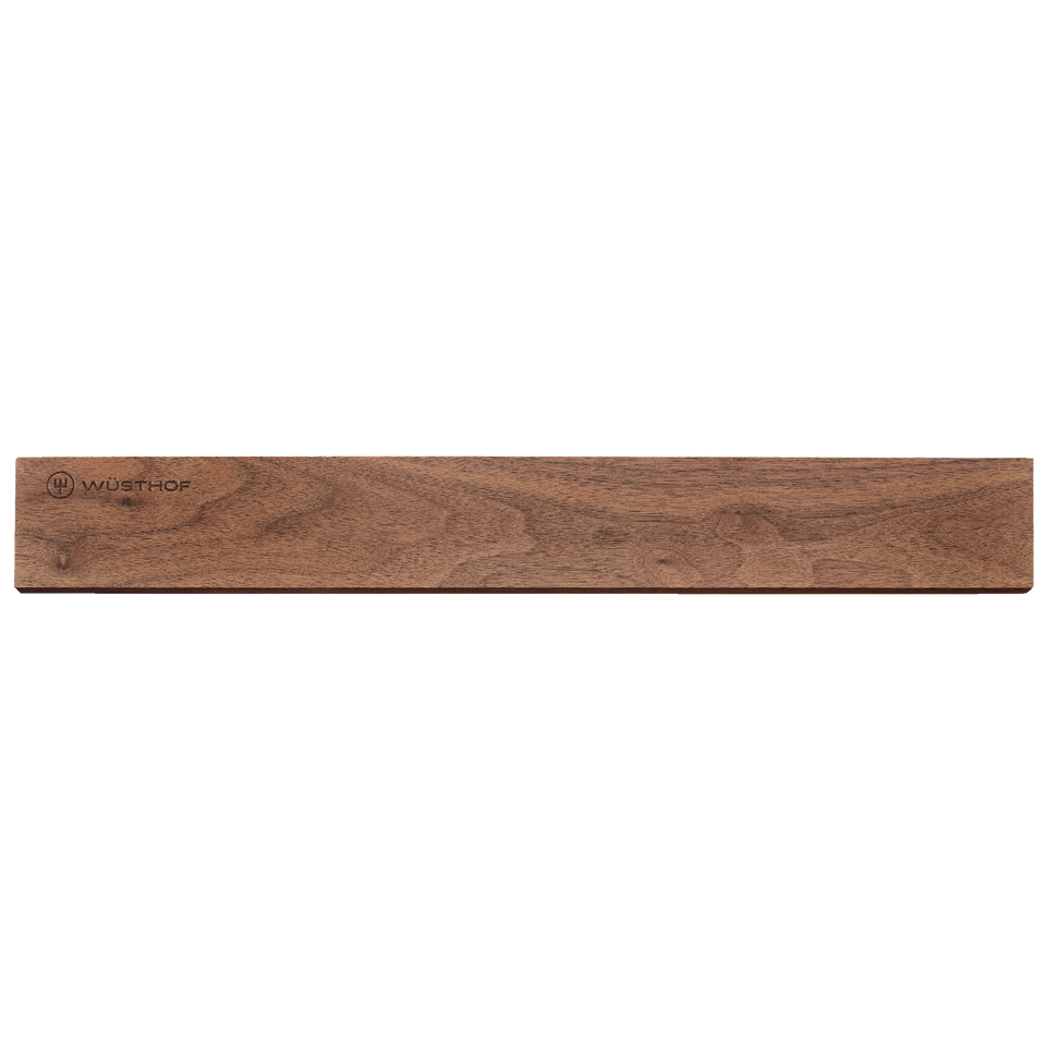 20" Magnetic Holder in smooth walnut wood with a subtle WÜSTHOF logo, designed for mounting and organizing forged kitchen knives.