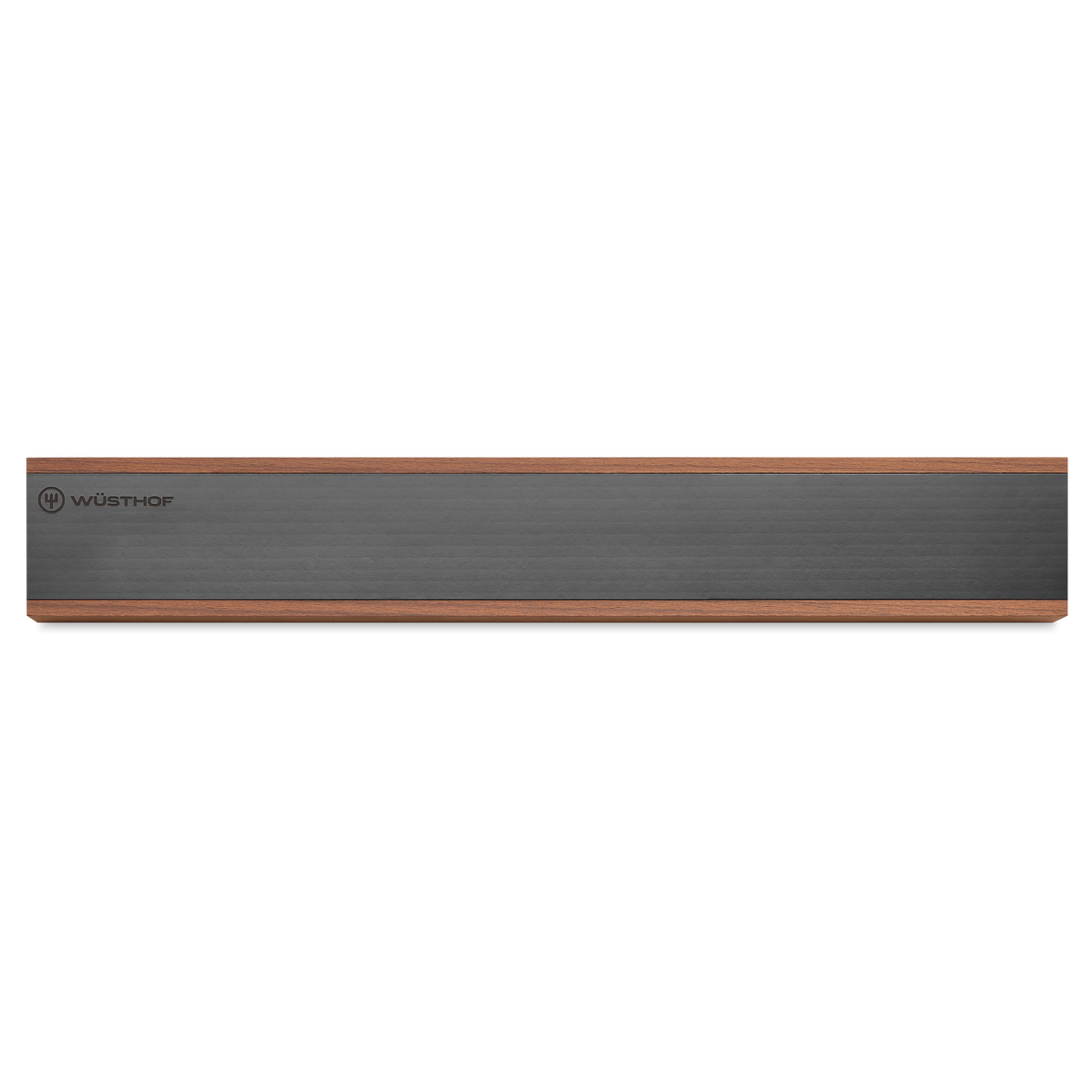 16" Heat-Treated Beech Magnetic Holder featuring a dark brushed metal surface with warm beech wood edges for elegant kitchen knife storage.