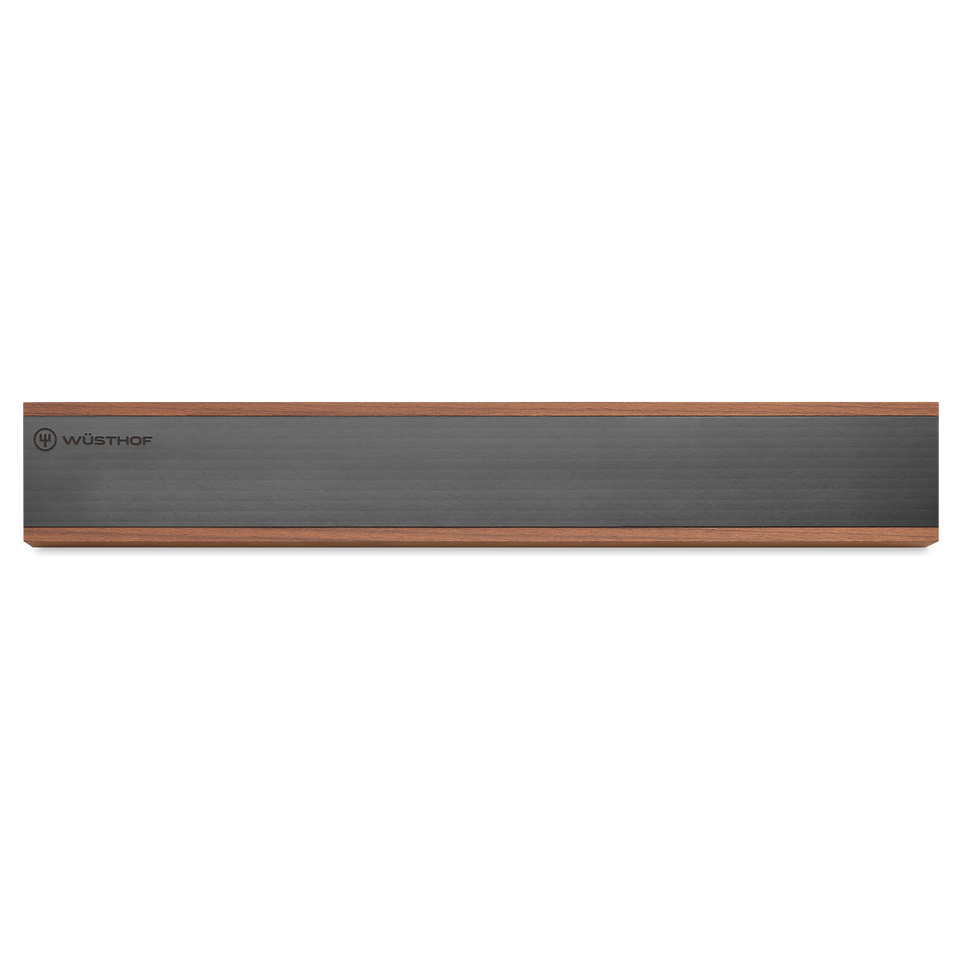 16" Heat-Treated Beech Magnetic Holder featuring a dark brushed metal surface with warm beech wood edges for elegant kitchen knife storage.