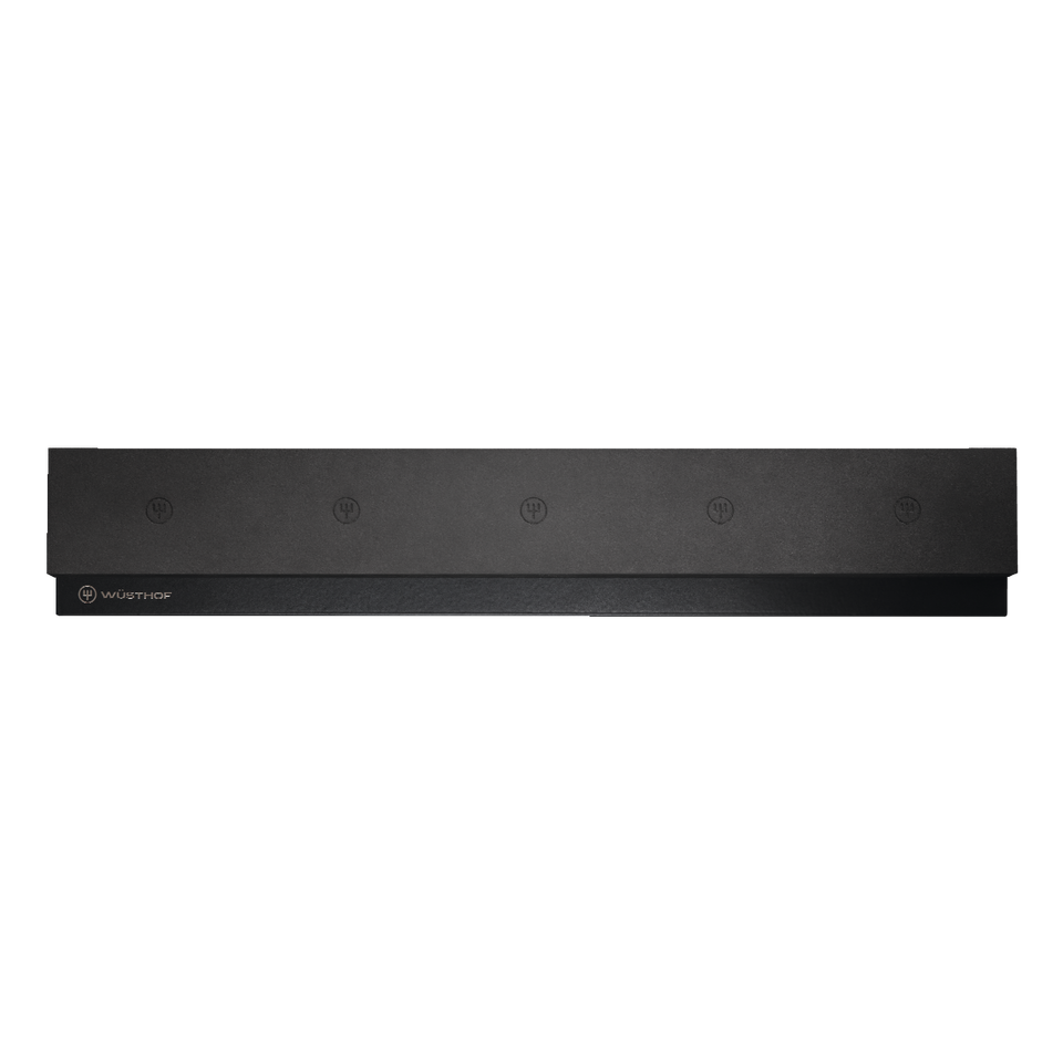16" Magnetic Holder with a sleek black finish and discreet WÜSTHOF logo designed for secure storage of forged kitchen knives.