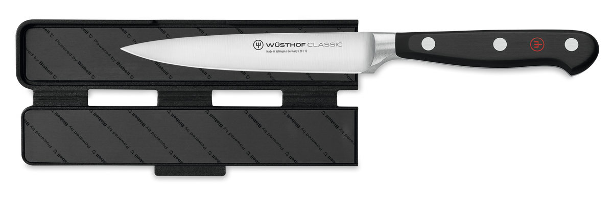 Narrow Magnetic Blade Guard in black with subtle WÜSTHOF logo, designed for secure protection and safe storage of forged kitchen knives.