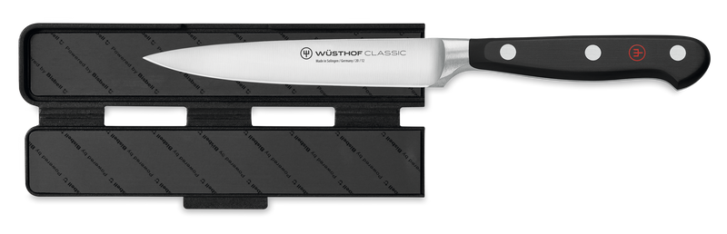 Narrow Magnetic Blade Guard in black with subtle WÜSTHOF logo, designed for secure protection and safe storage of forged kitchen knives.