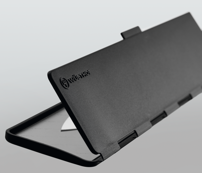 Wide Magnetic Blade Guard in black with subtle WÜSTHOF logo, designed to protect and safely store forged kitchen knives including German chefs knives.