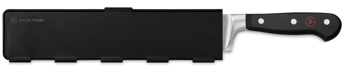 Wide Magnetic Blade Guard in black with subtle WÜSTHOF logo, protecting the blade of a forged German kitchen knife with polished black handle and metal rivets.