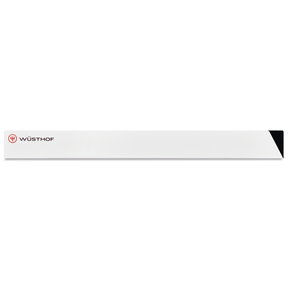 Narrow Blade Guard in white with black tip and red WÜSTHOF logo, designed to protect and safely cover blades of forged German kitchen knives.