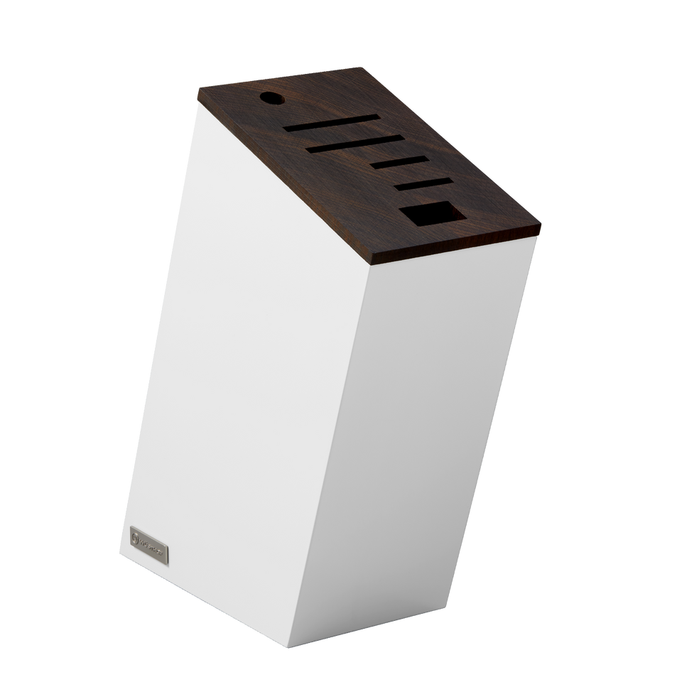 Classic Slim Knife Block featuring a sleek white body with a dark wooden top insert designed with slots for organizing forged German kitchen knives.