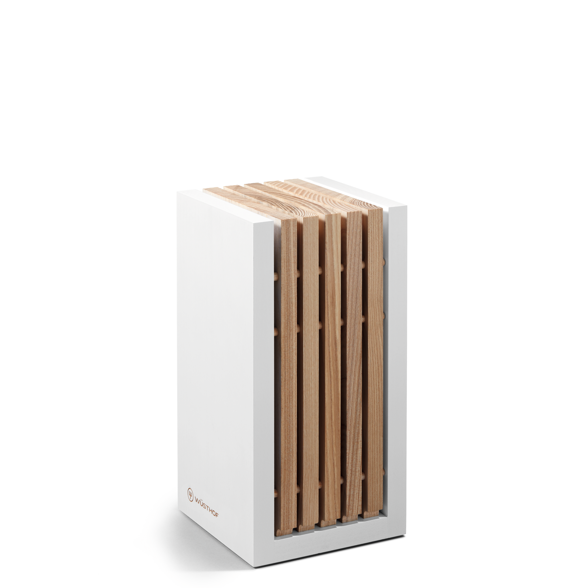 Classic Designer Knife Block featuring a sleek white outer case with vertical wooden slats for safely storing and organizing kitchen knives.