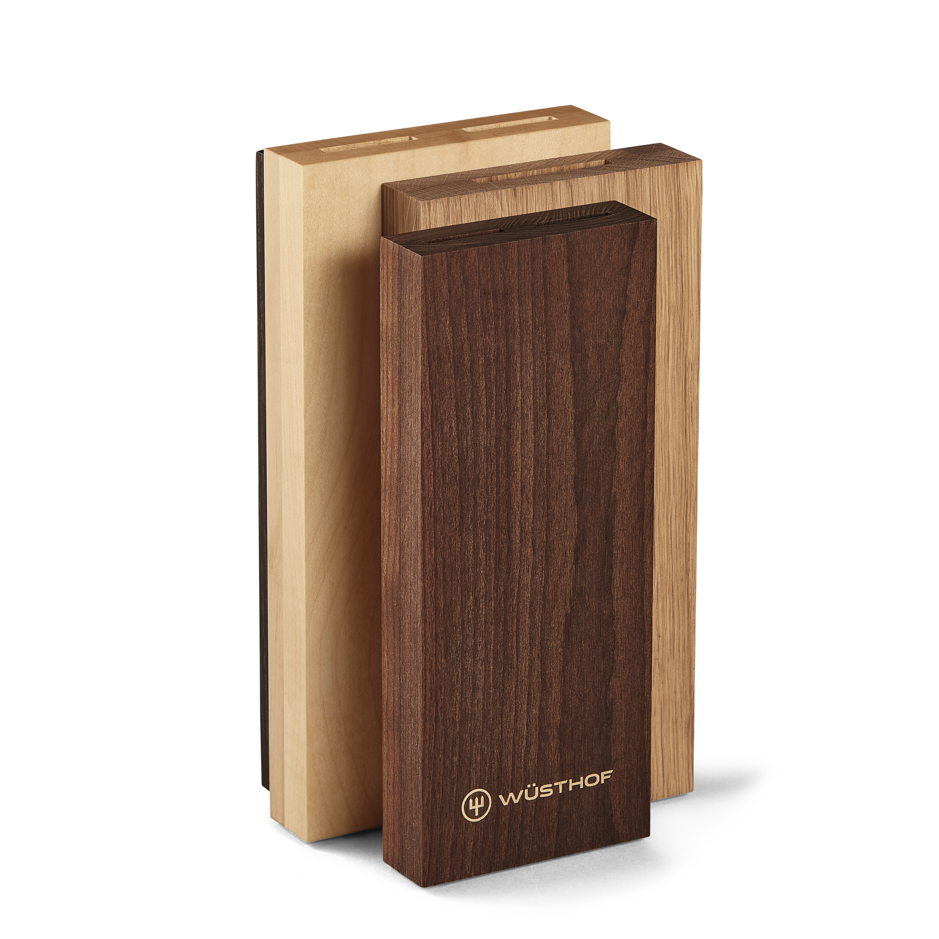 Crafter Knife Block set featuring three wooden blocks in varying shades, designed for organizing and safely storing kitchen knives.