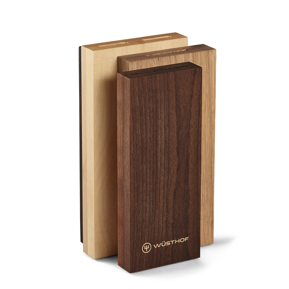 Crafter Knife Block set featuring three wooden blocks in varying shades, designed for organizing and safely storing kitchen knives.