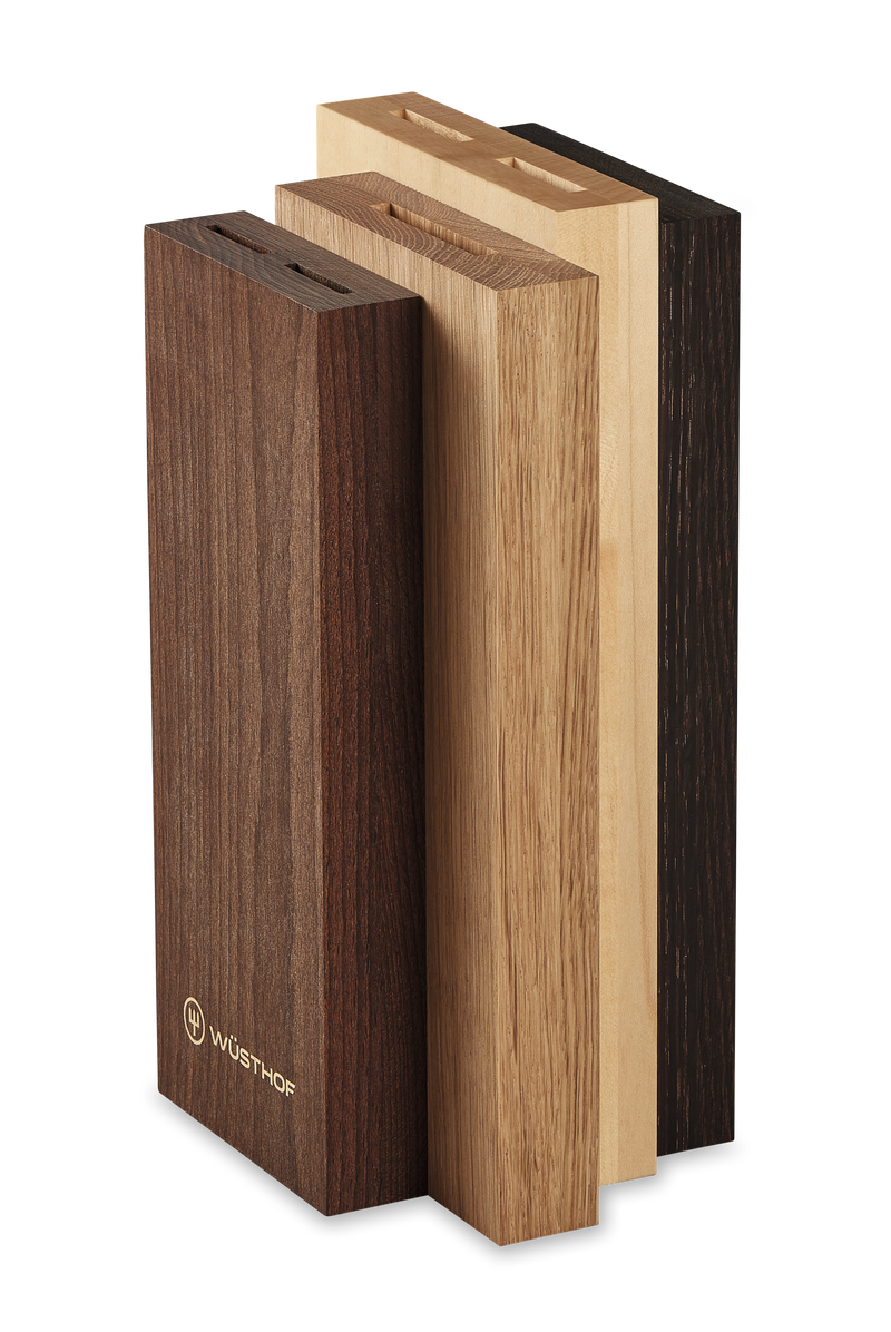 Crafter Knife Block featuring three vertically aligned wooden blocks in contrasting natural finishes, designed for organized knife storage.