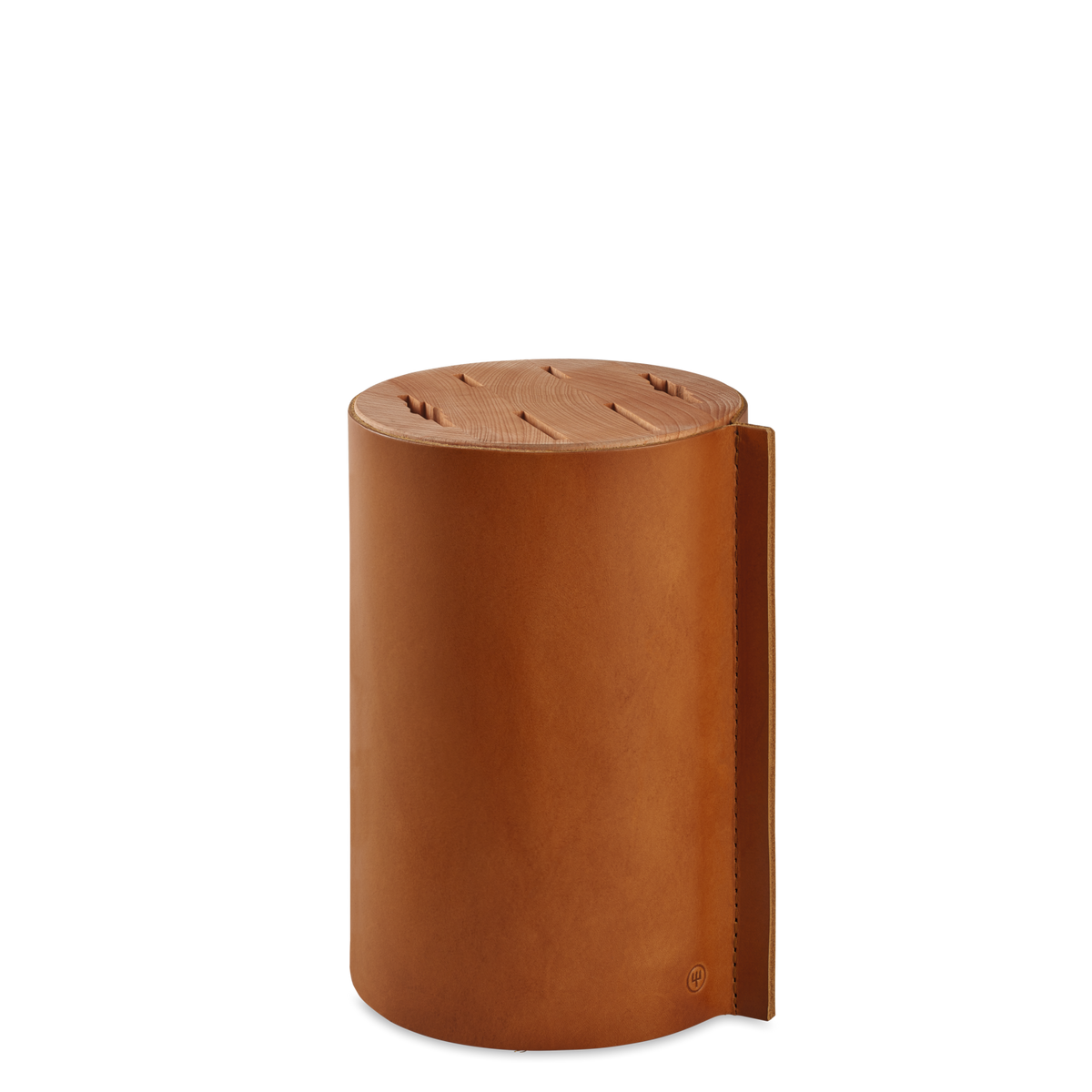 Villa 6-Slot Knife Block in smooth tan leather with a wooden top featuring multiple slots for versatile knife storage and protection.