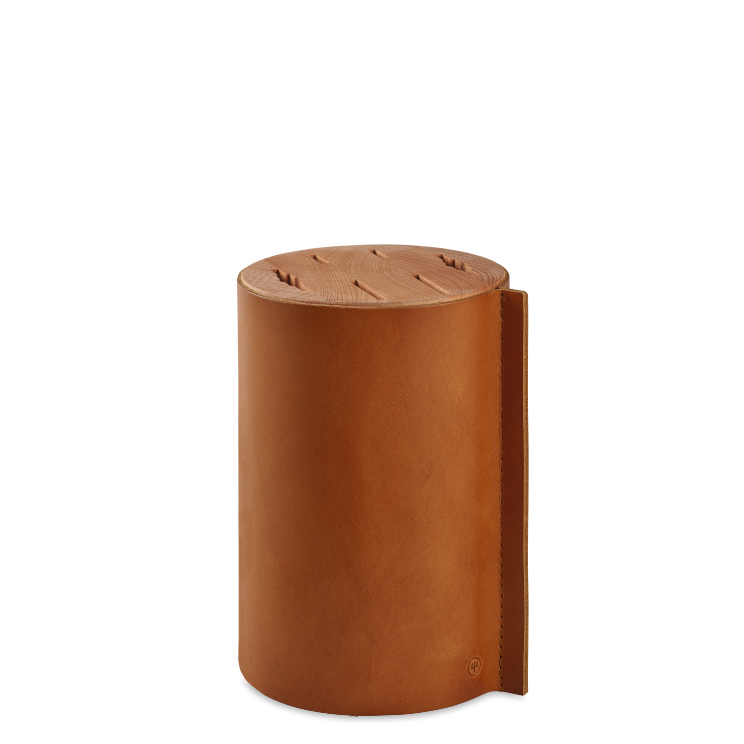 Villa 6-Slot Knife Block in smooth tan leather with a wooden top featuring multiple slots for versatile knife storage and protection.