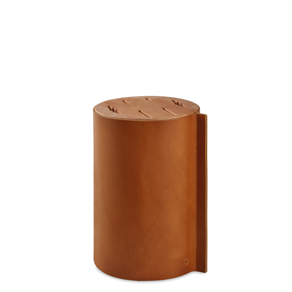Villa 6-Slot Knife Block in smooth tan leather with a wooden top featuring multiple slots for versatile knife storage and protection.