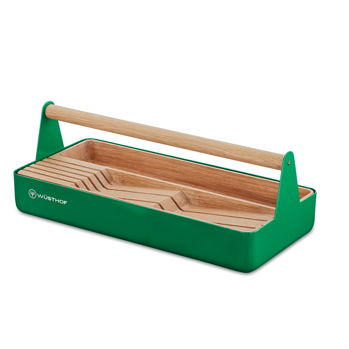 Urban Farmer Tool Basket featuring a green metal frame with a natural wood base and handle for organizing and carrying gardening or kitchen tools.