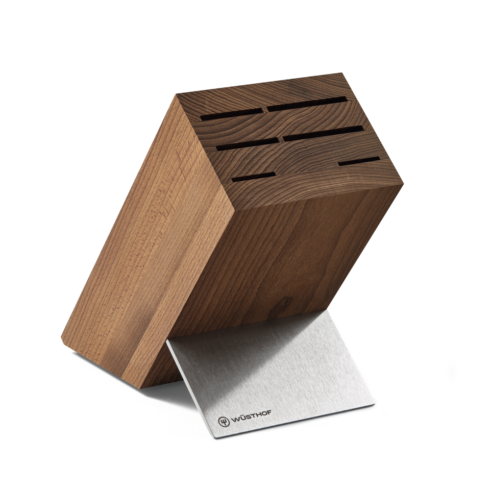 6-Slot Heat Treated Knife Block made of rich wood with laser-cut slots and a polished metal WÜSTHOF logo plate for organized kitchen storage.